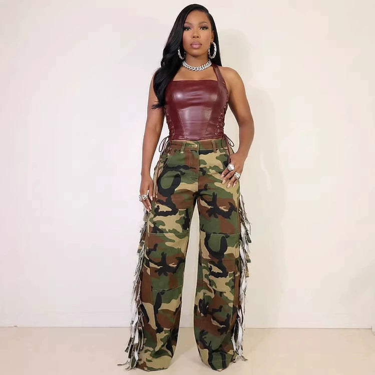 Women's 2026 Side Camo Fringe Pocket Button Cotton Cargo Pants