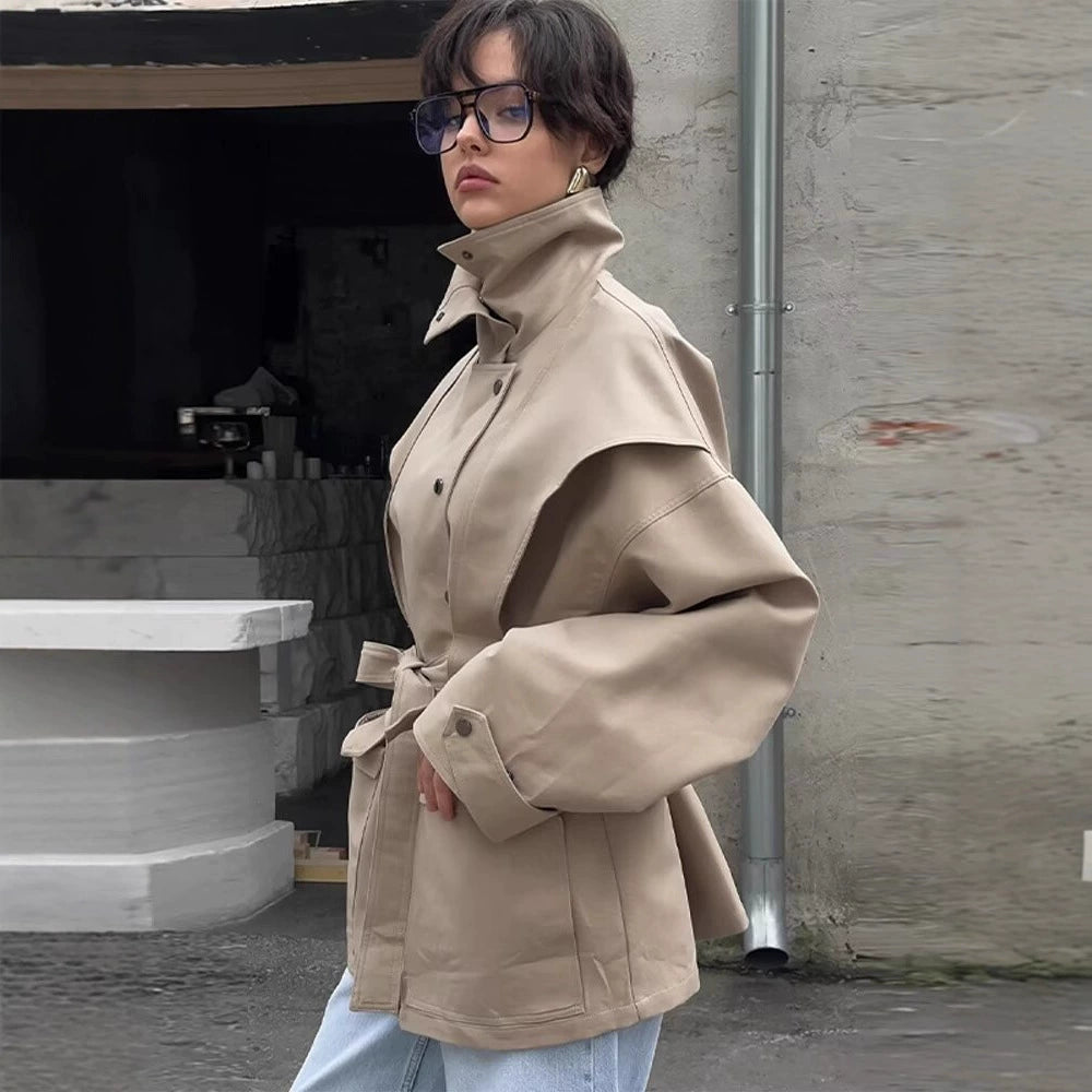 Women's 2025 Fall Elegant Belted Trench Coat – Long Sleeve Solid Color Lapel Outerwear