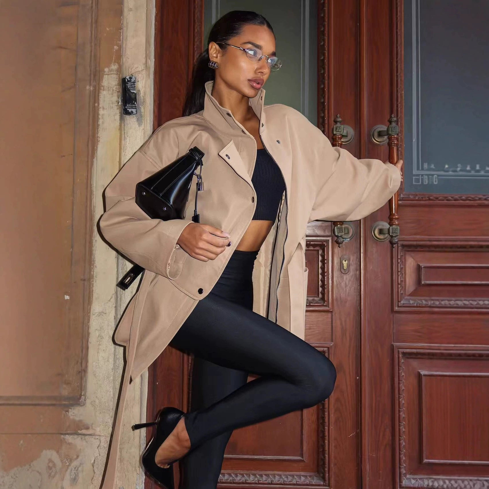 Women's 2025 Fall Elegant Belted Trench Coat – Long Sleeve Solid Color Lapel Outerwear