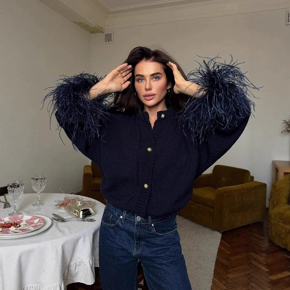 Women's Oversized Drop Shoulder Knit Cardigan – Cotton Round Neck Long Sleeve Top