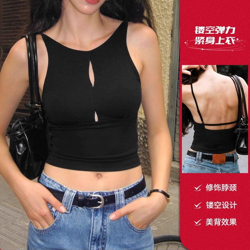 Women's Summer Cooling Ribbed Hollow-Out Elastic Backless Cami Tank Top